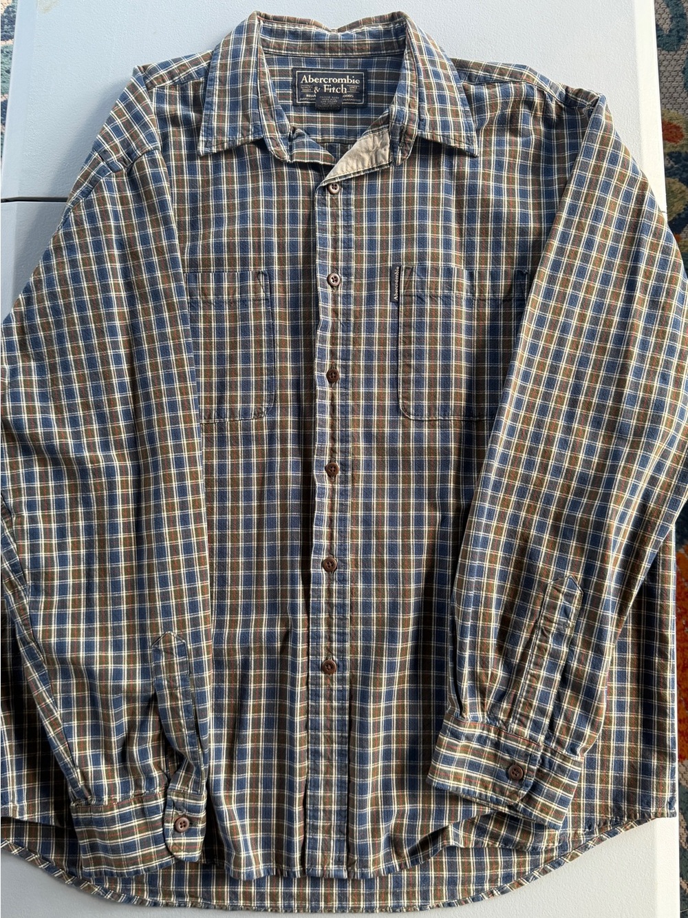Vintage Abercrombie & Fitch Brown, Blue & Cream Plaid Button-Down Shirt Large